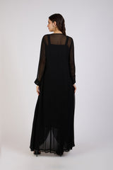 Elegant Black Cape Dress with Floral Embroidery