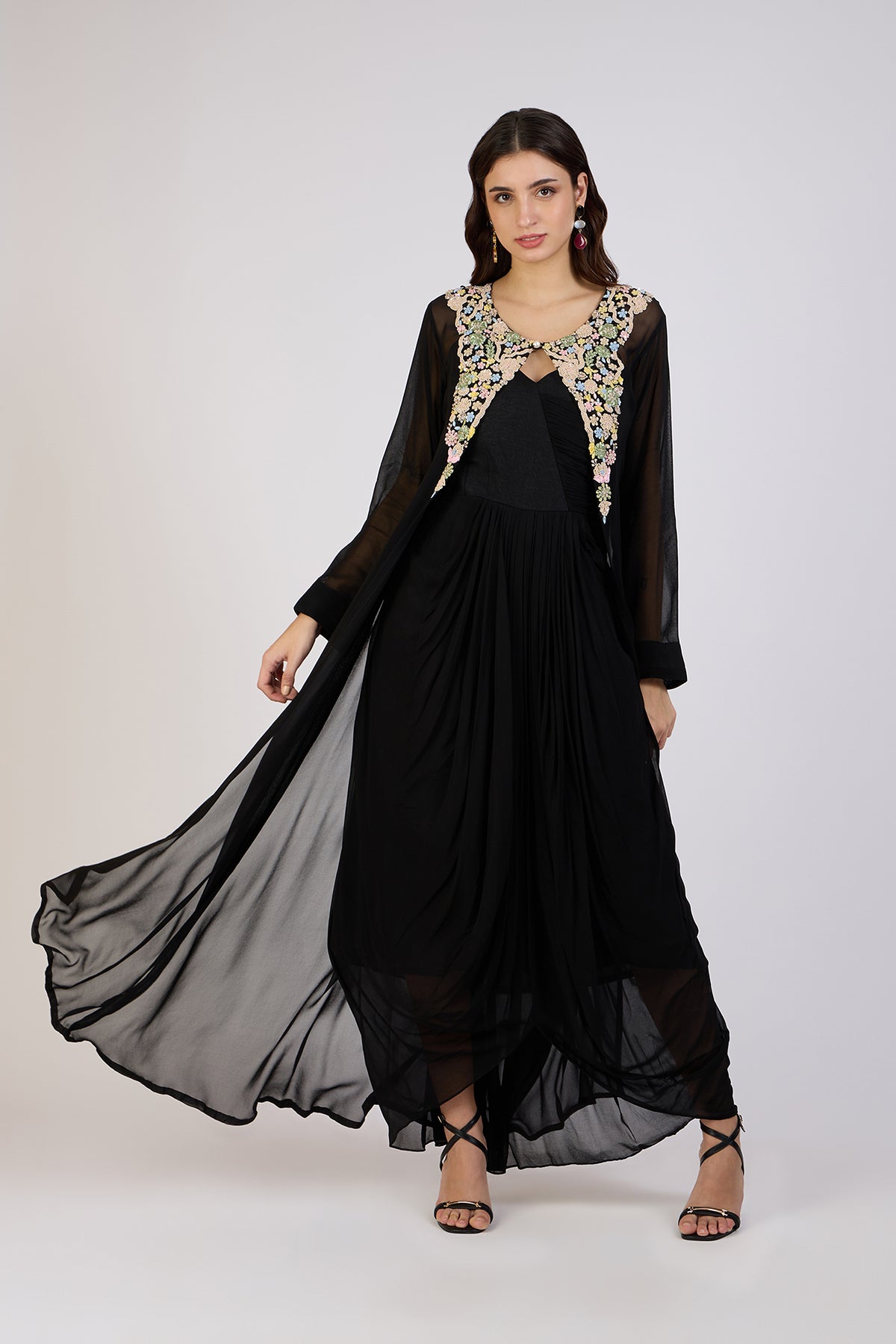 Elegant Black Cape Dress with Floral Embroidery