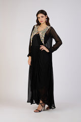 Elegant Black Cape Dress with Floral Embroidery
