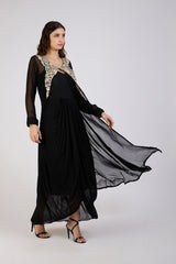 Elegant Black Cape Dress with Floral Embroidery