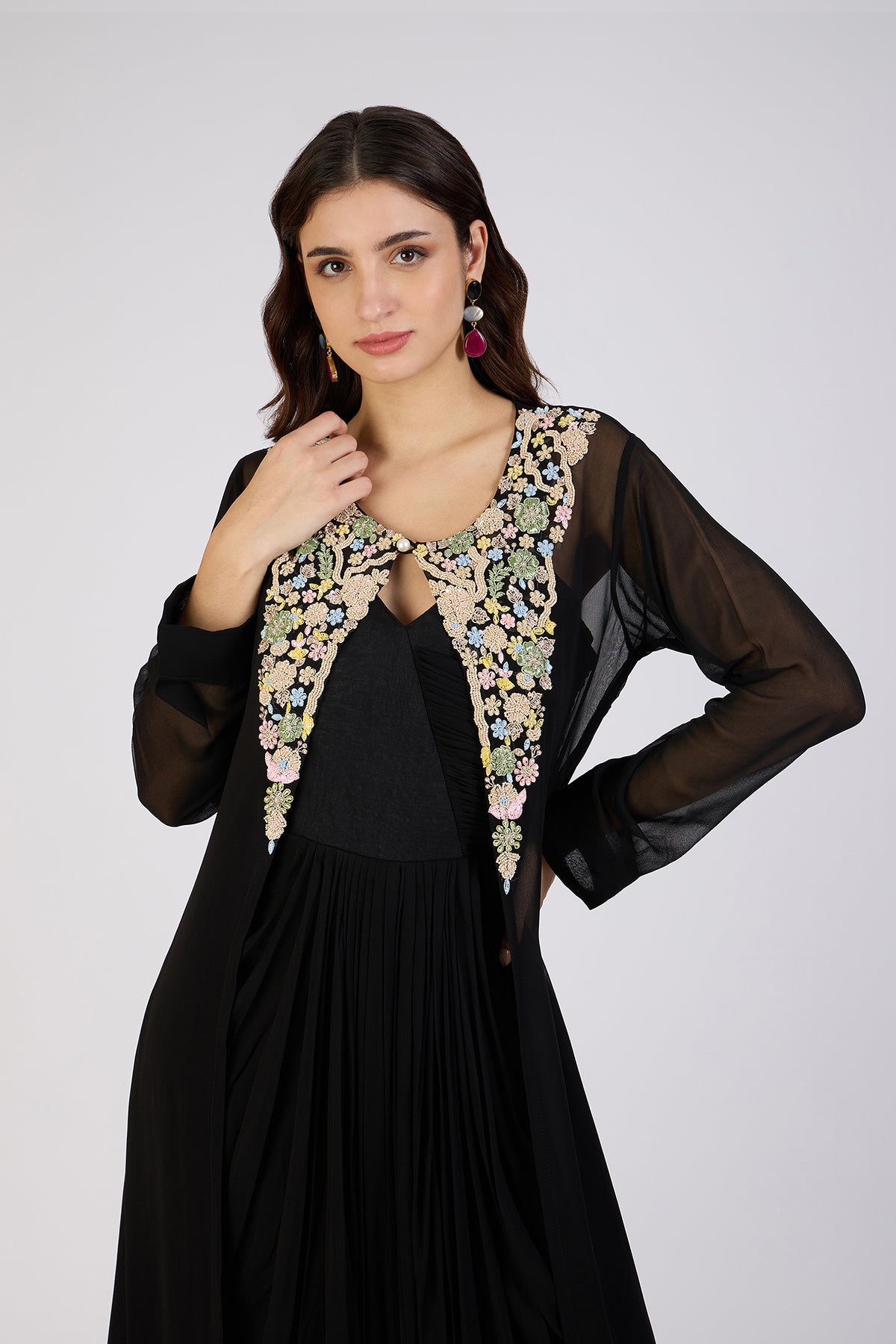 Elegant Black Cape Dress with Floral Embroidery
