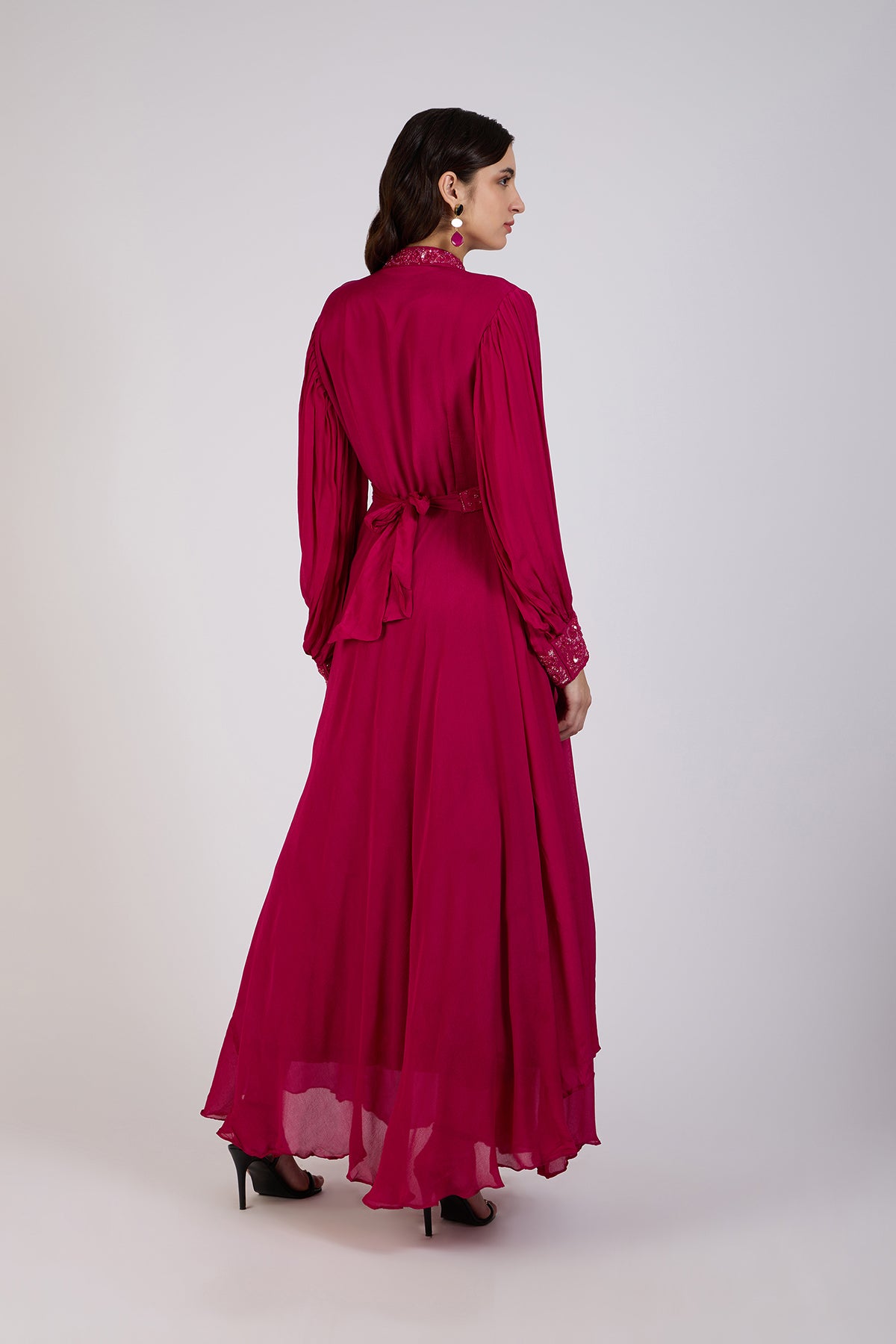 Fuchsia Flowing Gown with Embroidered Bodice