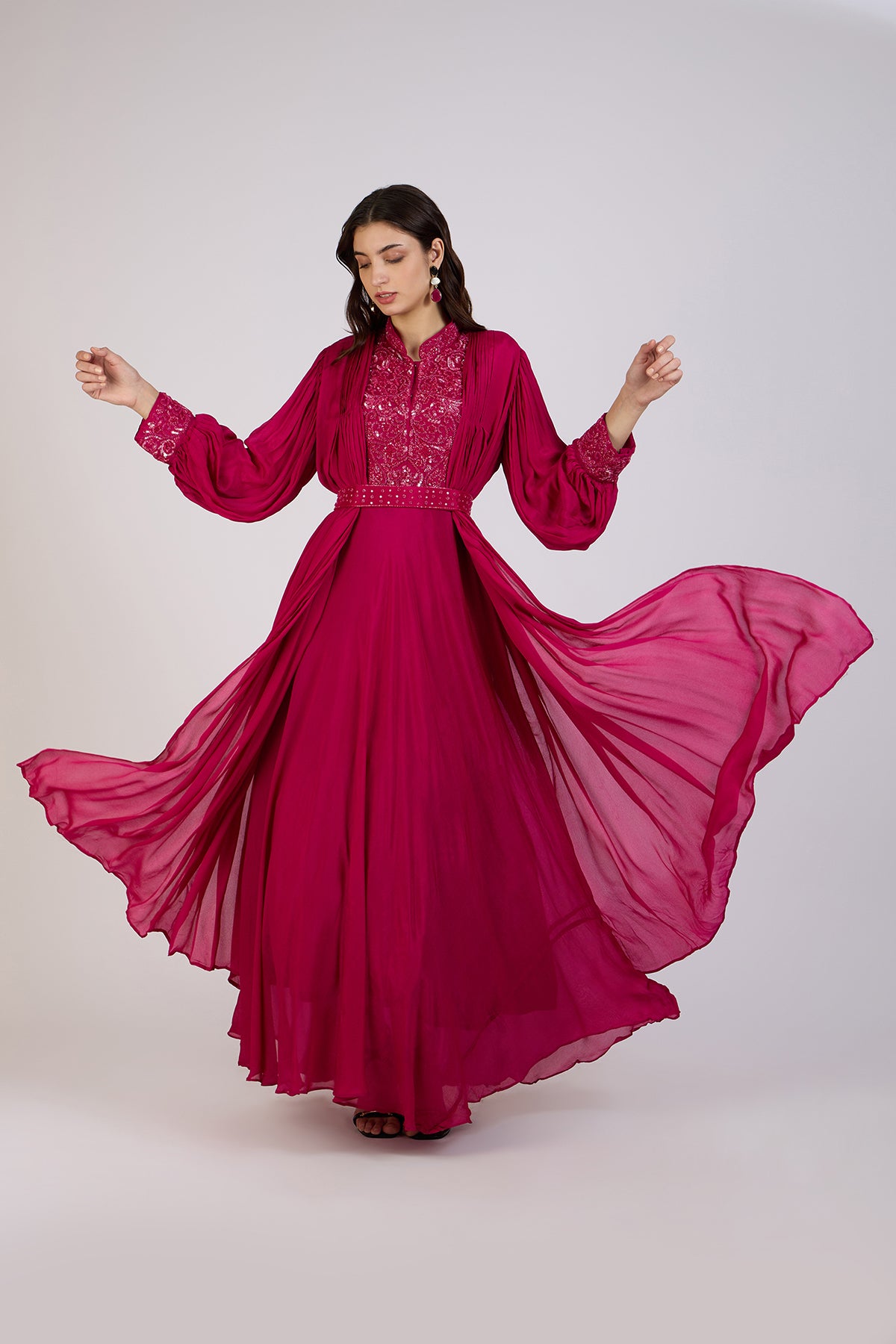 Fuchsia Flowing Gown with Embroidered Bodice