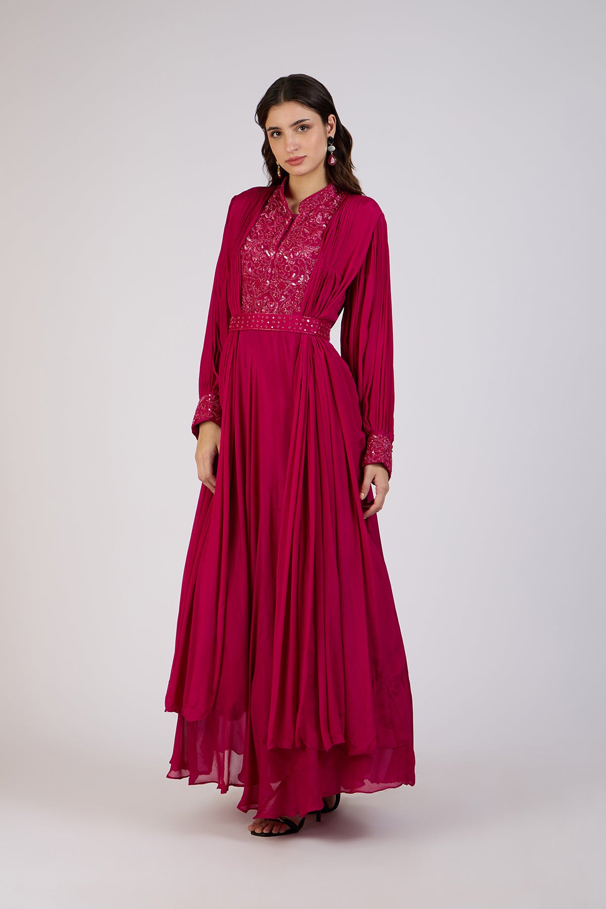 Fuchsia Flowing Gown with Embroidered Bodice