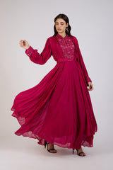 Fuchsia Flowing Gown with Embroidered Bodice
