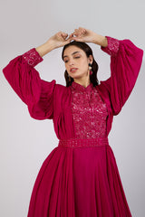 Fuchsia Flowing Gown with Embroidered Bodice
