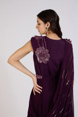 Wine Draped Gown with Embellished Cape