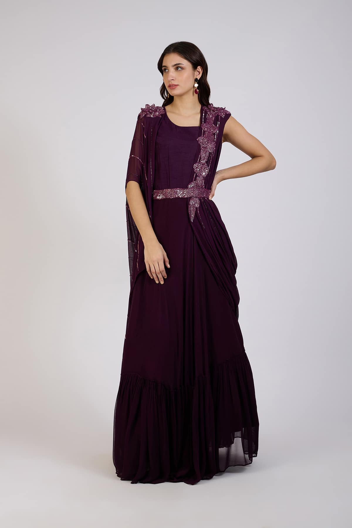 Wine Draped Gown with Embellished Cape