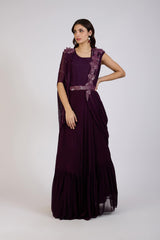 Wine Draped Gown with Embellished Cape
