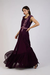 Wine Draped Gown with Embellished Cape