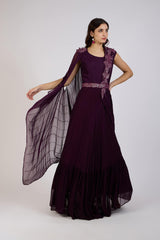 Wine Draped Gown with Embellished Cape