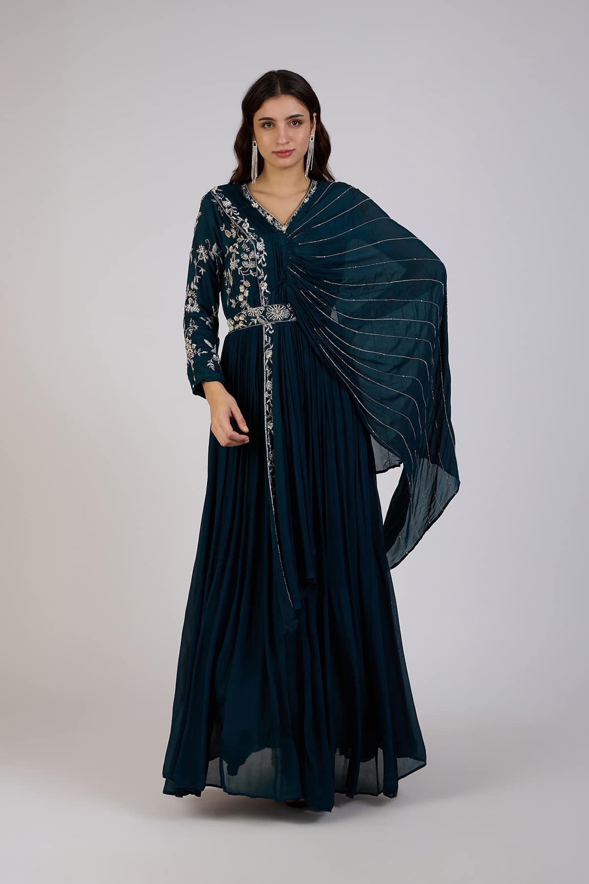 Regal Teal Draped Anarkali Set