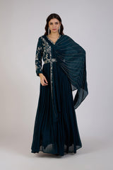 Regal Teal Draped Anarkali Set