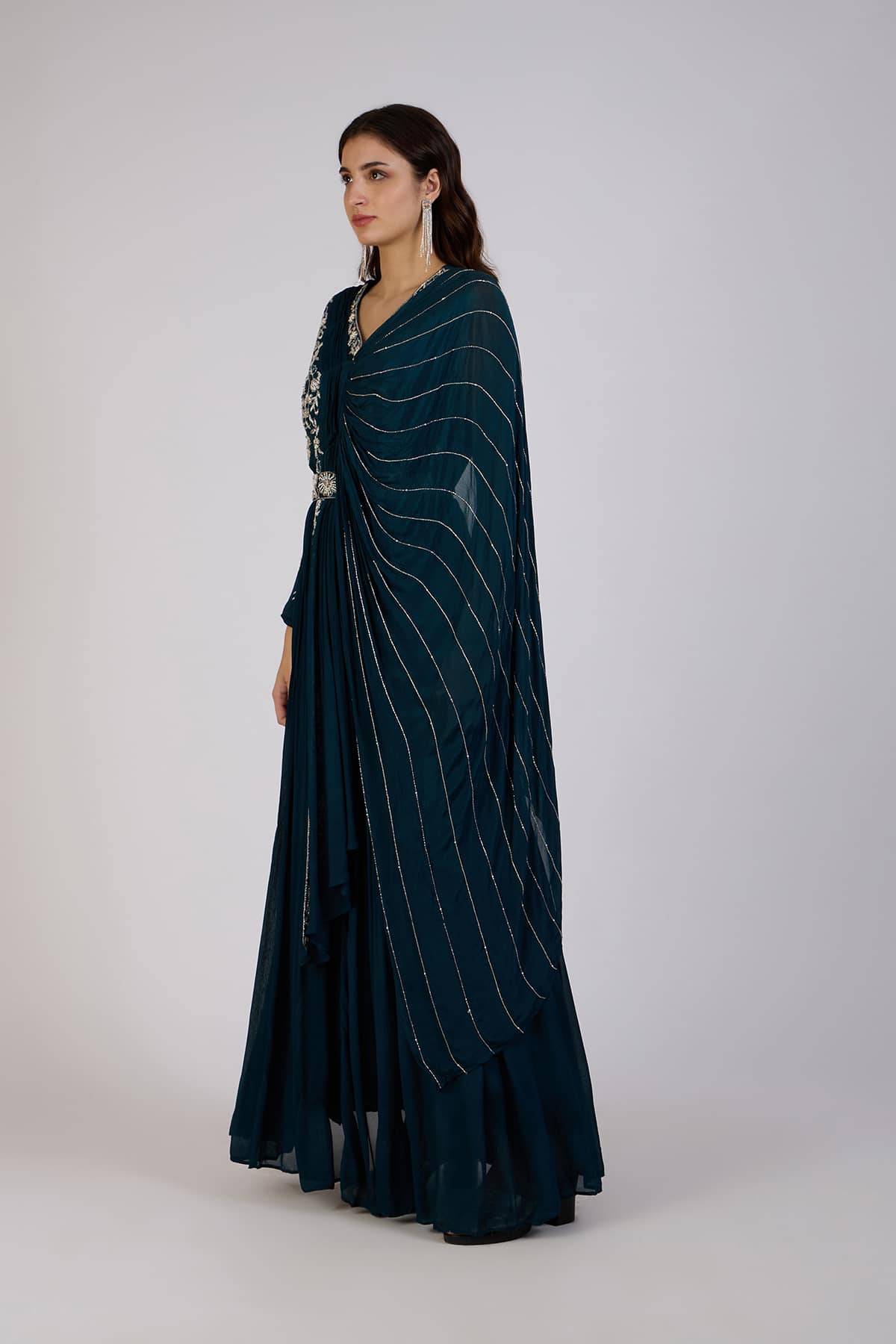 Regal Teal Draped Anarkali Set