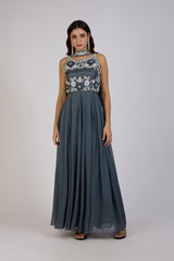 Slate Blue Embroidered Anarkali