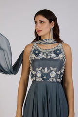 Slate Blue Embroidered Anarkali